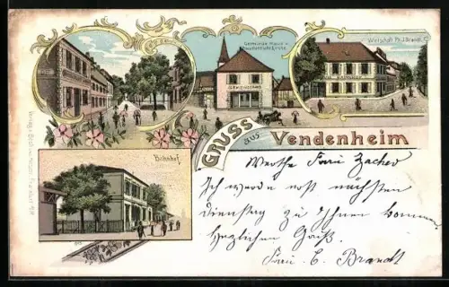 Lithographie Vendenheim, Bahnhof, Gemeindehaus und Protestantische Kirche, Wirtschaft von Ph. J. Brandt