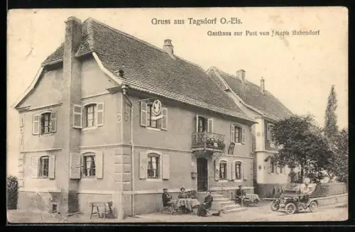AK Tagsdorf /O.-Els., Gasthaus zur Post von Joseph Bubendorf, frühes Automobil