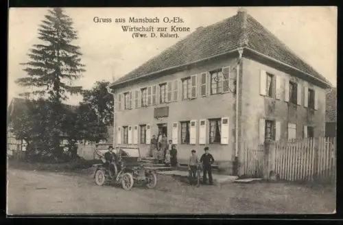 AK Mansbach /O.-Els., Gasthof zur Krone, Wwe. D. Kaiser, frühes Automobil