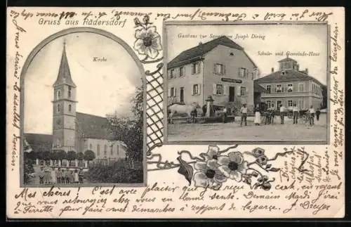 AK Rädersdorf, Gasthaus zur Sonne von Joseph Diring, Schule- und Gemeinde-Haus, Kirche
