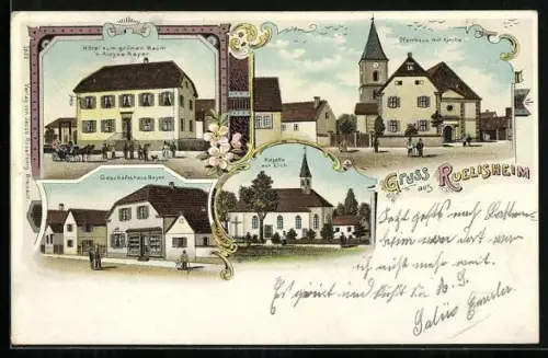 Lithographie Ruelisheim, Hotel zum grünen Baum, Geschäftshaus Neyer, Kapelle zur Eich