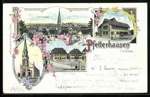 Lithographie Pfetterhausen / Elsass, Hotel Heinis, Uhrenfabrik, Kirche im Dämmerungslicht
