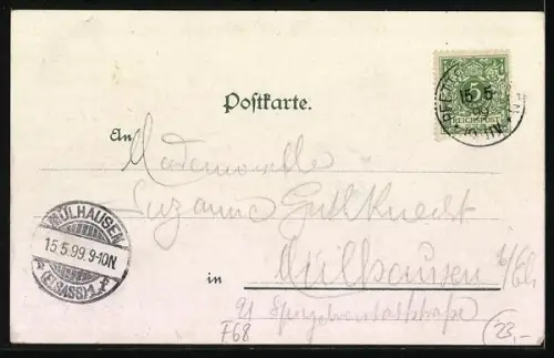 Lithographie Pfetterhausen / Elsass, Hotel Heinis, Uhrenfabrik, Kirche im Dämmerungslicht