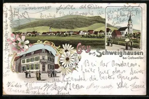 Lithographie Schweighausen, Gasthaus zum weissen Pferd, Kirche, Panorama