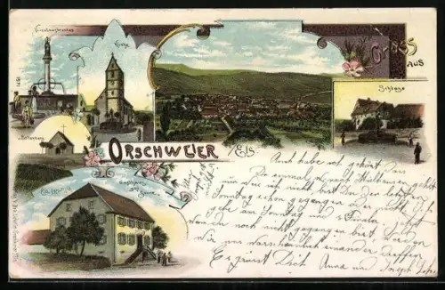 Lithographie Orschweier /Els., Gasthaus zur Sonne, Bollenberg, Kirche, Nicolausbrunnen, Schloss