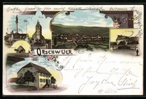 Lithographie Orschweier, Gasthaus zur Sonne, Kirche, Schloss