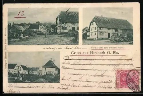 AK Hirzbach /O. Els., Gasthof zum weissen Pferd, Strassenpartie mit Fachwerkhäusern