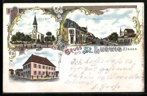 Lithographie St. Ludwig, Mühlhauserstrasse, evangl. Kirche, Gemeindehaus