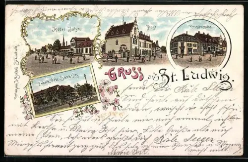 Lithographie St. Ludwig, Hotel John, Fabrik Gebr. Sarasin, Kreuzstrasse