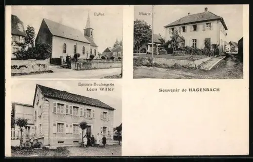 AK Hagenbach, Eglise, Mairie, Epicerie-Boulangerie