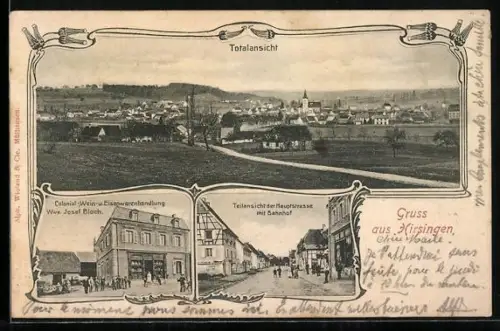 AK Hirsingen, Teilansicht der Hauptstrasse mit Bahnhof, Kolonial- und Weinhandlung Wwe. Josef Bloch, Totalansicht