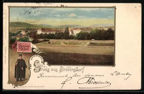 Lithographie Wien, Strebersdorf, Blick zum Pensionat St. Josef