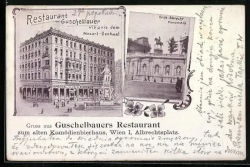 AK Wien, Albrechtsplatz, Restaurant Guschelbauer gegenüber Mozart-Denkmal, Erzh. Albrecht Monument