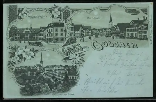 Mondschein-Lithographie Goldach, Gasthaus Lindenhof in Unter-Goldach, Ortsansicht von Ober-Goldach, Kirche, Schulhaus