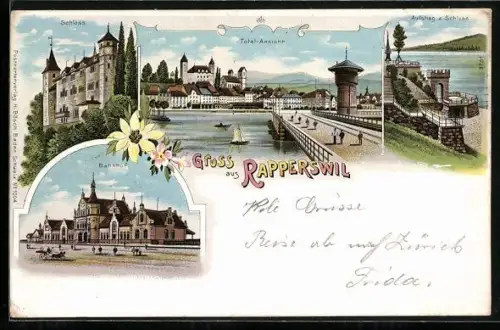 Lithographie Rapperswil, Schloss, Aufstieg zum Schloss, Bahnhof, Totalansicht vom Ort