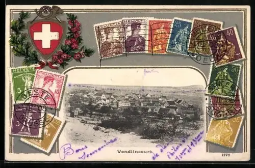 AK Vendlincourt, Ortsansicht aus der Vogelschau, verschiedene Schweizer Briefmarken
