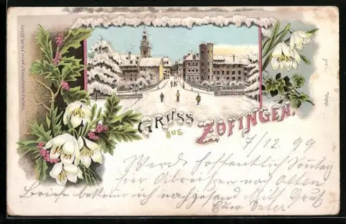 Winter-Lithographie Zofingen, Strassenpartie und Blumenverzierung
