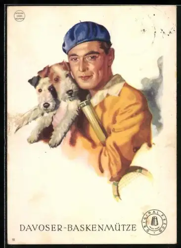 AK Davos, Reklame für die Davoser-Baskenmütze, Tennisspieler, Art Deco