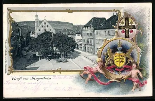 Passepartout-Lithographie Mergentheim, Ortspartie, Wappen des Königreichs Württemberg mit Engeln