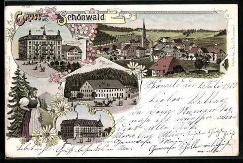 Lithographie Schönwald / Baden, Kur-Hotel, Gasthof zum Adler, Hotel Hirschen