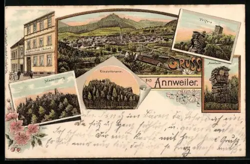 Lithographie Annweiler, Scharfenberg, Madenburg, Lindelbrunn, Anebos, Trifels