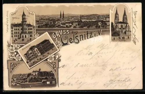 Lithographie Oelsnitz / Vogtland, Totalansicht, Jacobi-Kirche, Neue Schule, Schloss Voigtsberg