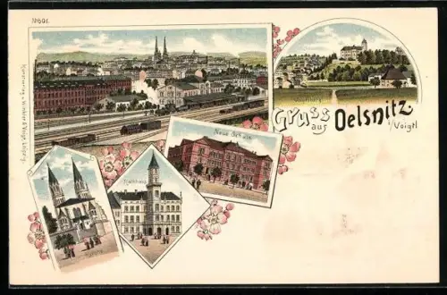Lithographie Oelsnitz / Vogtland., Kirche, Voigtsberg, Neue Schule, Gesamtansicht