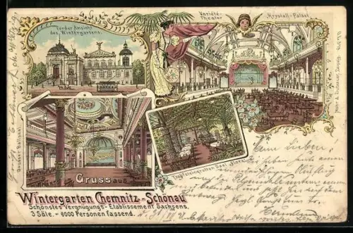 Lithographie Chemnitz-Schönau, Wintergarten in Vorderansicht, Grosser Ballsaal, Varieté-Theater, Tropfsteingrottensaal
