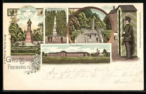Lithographie Freiberg / Sachsen, Bismarck-Denkmal, Kriegerdenkmal, Schweden-Denkmal, Jäger-Kaserne