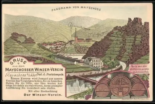 Lithographie Mayschoss a. d. Ahr, Panorama der Weinfelder