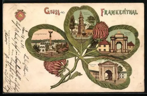 Passepartout-Lithographie Frankenthal / Pfalz, Kriegerdenkmal, Wormser-Thor, Speierer Thor, Luitpold-Brunnen, mit Blumen
