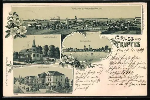Lithographie Triptis, Gasthaus Hockerschlösschen, Teichpartie, Bahnhofstrasse, Totalansicht