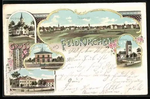 Lithographie Feldkirchen / M., Prot. Kirche, Bahnhof, Erziehungs- und Rettungsanstsalt, Totalansicht