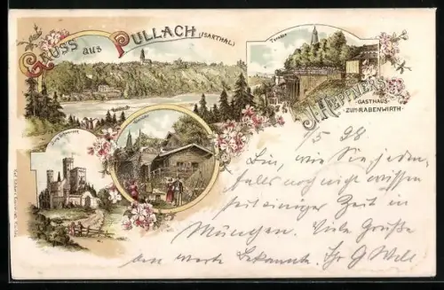 Lithographie Pullach /Isarthal, Gasthaus zum Rabenwirth, Almhütte, Terrasse, Burg Schwaneck