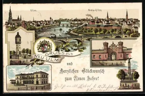 Lithographie Neu-Ulm, Ortsansicht von oben, Wappen, Strassenpartie