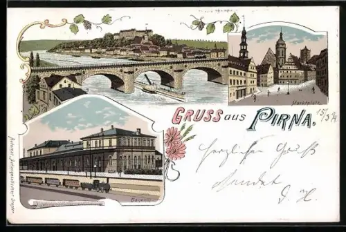 Lithographie Pirna, Bahnhof mit Bahnsteig, Marktplatz, Dampfer auf der Elbe