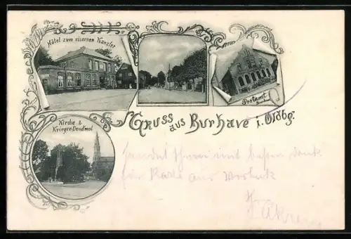 AK Burhave, Hotel zum eisernen Kanzler, Kirche und Krieger-Denkmal