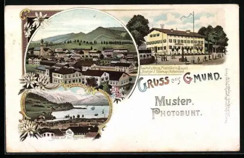 Lithographie Gmund, Gasthof z. Herzog Maximilian in Bayern, Bes. J. Obermayr, Blick auf Tegernsee, Totalansicht