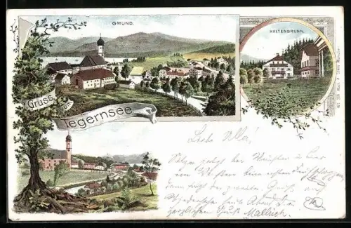 Lithographie Gmund /Tegernsee, Teilansicht mit Kirche, Ortspartie, Kaltenbrunn