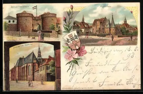 Lithographie Büdingen / Hessen, Mühlthor, Jerusalemsthor, Blick auf die Stadtkirche