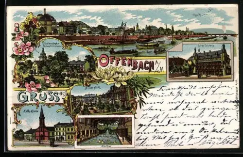 Lithographie Offenbach a /M., Altes Schloss, Katholische Kirche, Stadtbad