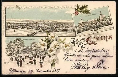 Winter-Lithographie Gotha, Gesamtansicht, Schloss Friedenstein, Museum mit Schlittschuhläufern auf dem Parkteich