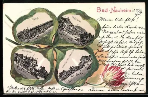 Passepartout-Lithographie Bad-Nauheim, Saline, Parkstrasse, Grosser Sprudel mit Badehäusern, Kleeblatt