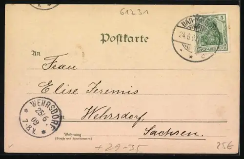 Passepartout-Lithographie Bad-Nauheim, Saline, Parkstrasse, Grosser Sprudel mit Badehäusern, Kleeblatt