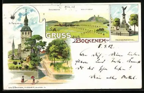 Lithographie Bockenem, St. Pankratius, Kriegerdenkmal, Schlewecke und Wohldenberg