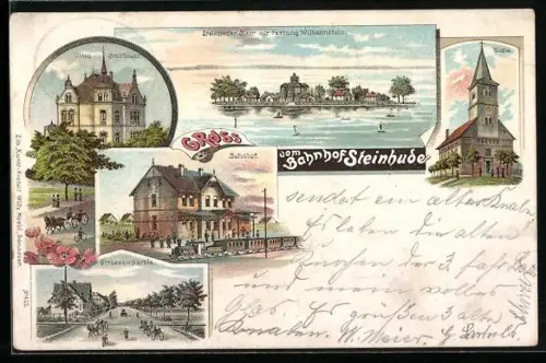 Lithographie Steinhude, Kirche, Villa Bretthauer, Bahnhof, Strassenpartie