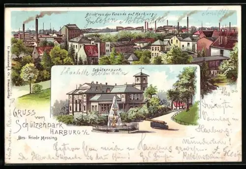 Lithographie Hamburg-Harburg, Gasthaus Schützenpark und Blick von der Veranda auf Harburg