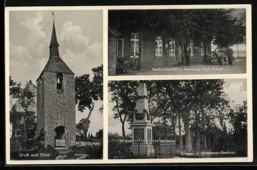 AK Etzel, Gasthaus u. Handlung v. Rich. Ekhoff, Kirche, Krieger-Denkmal