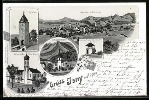 Lithographie Isny /Allgäu, Espanthor, Kothol. Pfarrkirche, Gottesackerkapelle, Schwarzer Grat