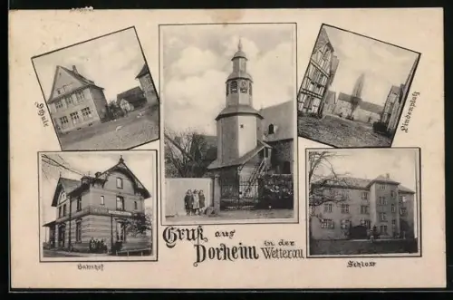 AK Dorheim in der Wetterau, Bahnhof, Schule, Schloss, Lindenplatz